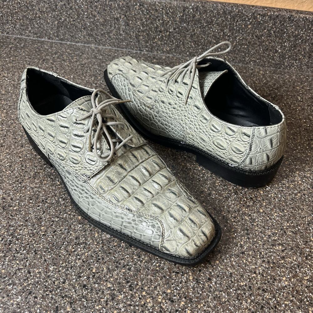 Bolano Shoes Men's Size 9.5 Gray Faux Croc Lace Up Oxford Dress Square Toe Darby
